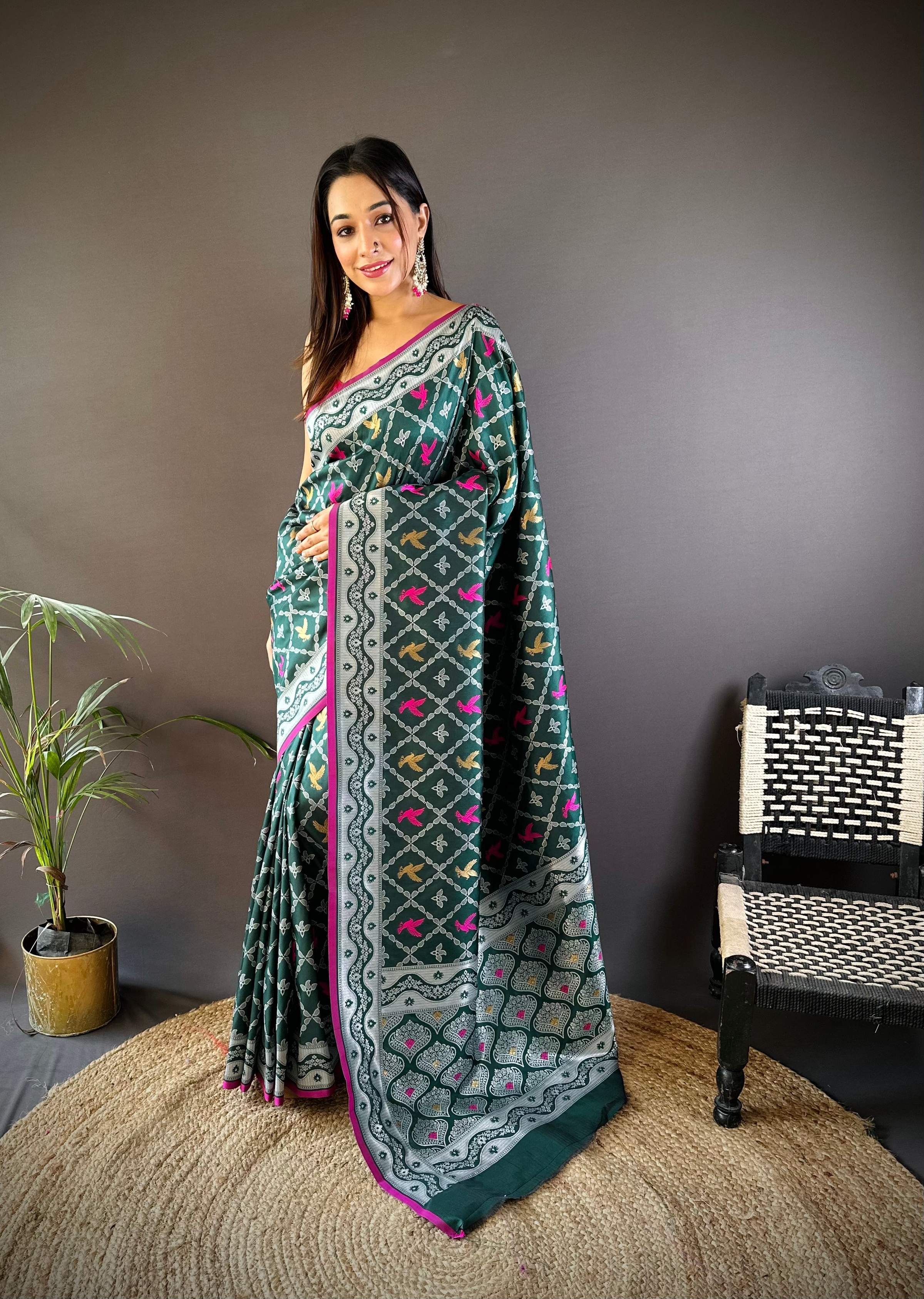 Sonakshi Women's Green Lichi Soft Silk Zari Weaving Saree with Blouse