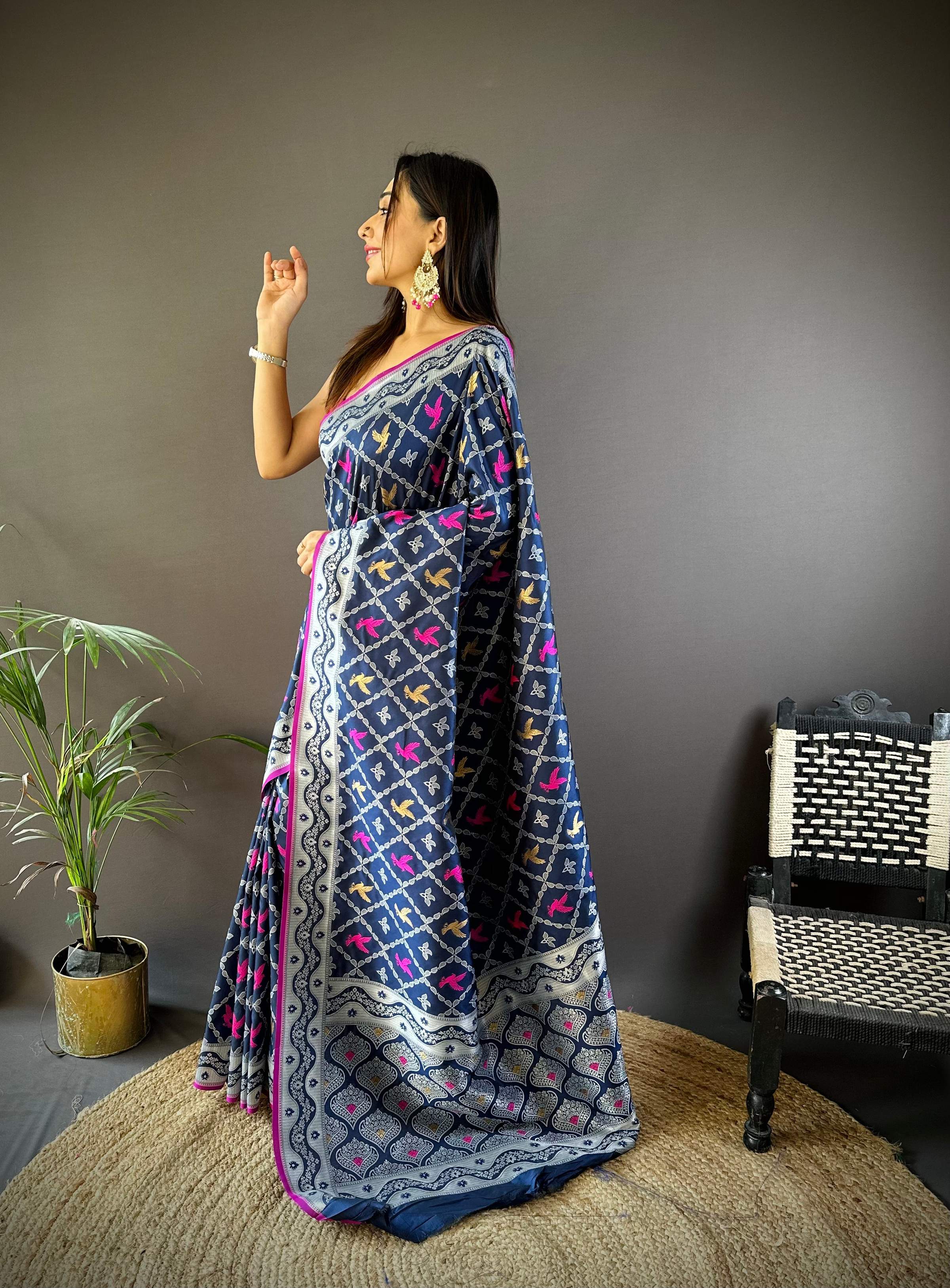 Sonakshi Women's Navy Blue Lichi Soft Silk Zari Weaving Saree with Blouse