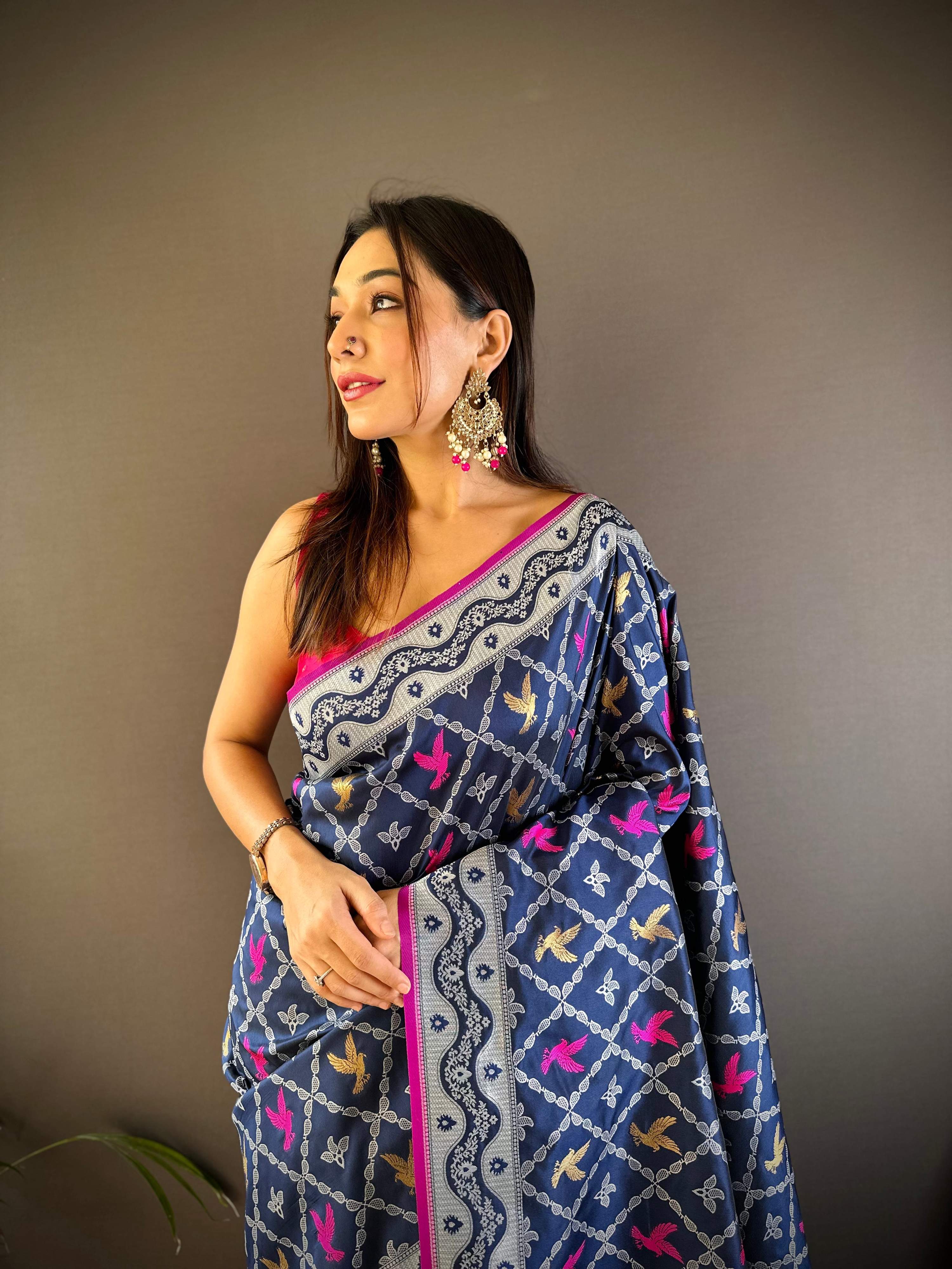 Sonakshi Women's Navy Blue Lichi Soft Silk Zari Weaving Saree with Blouse