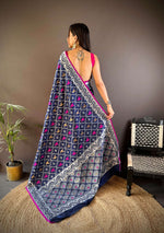 Thumbnail for Sonakshi Women's Navy Blue Lichi Soft Silk Zari Weaving Saree with Blouse