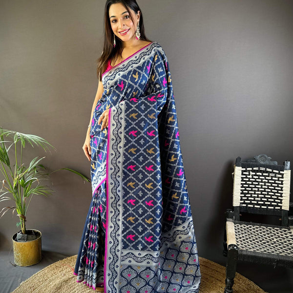 Sonakshi Women's Navy Blue Lichi Soft Silk Zari Weaving Saree with Blouse - Distacart