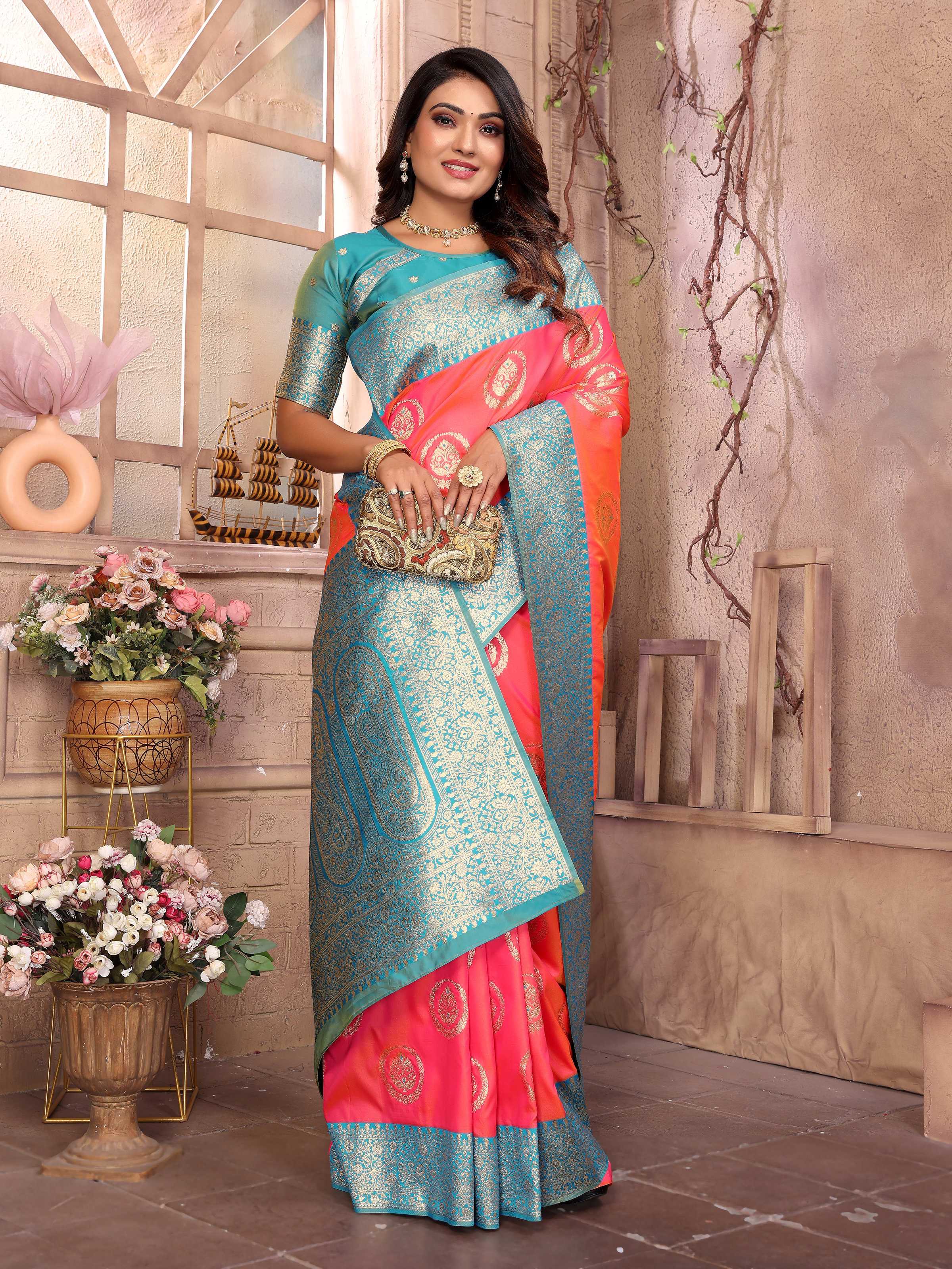 Sonakshi Women's Peach Banarasi Silk Zari Weaving Saree with Blouse