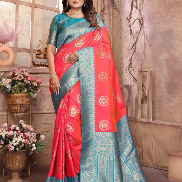 Sonakshi Women's Peach Banarasi Silk Zari Weaving Saree with Blouse - Distacart