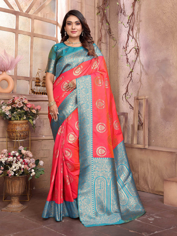 Sonakshi Women's Peach Banarasi Silk Zari Weaving Saree with Blouse