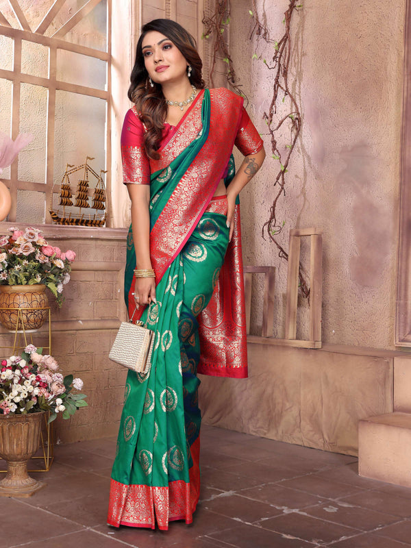 Sonakshi Women's Green Banarasi Silk Zari Weaving Saree with Blouse