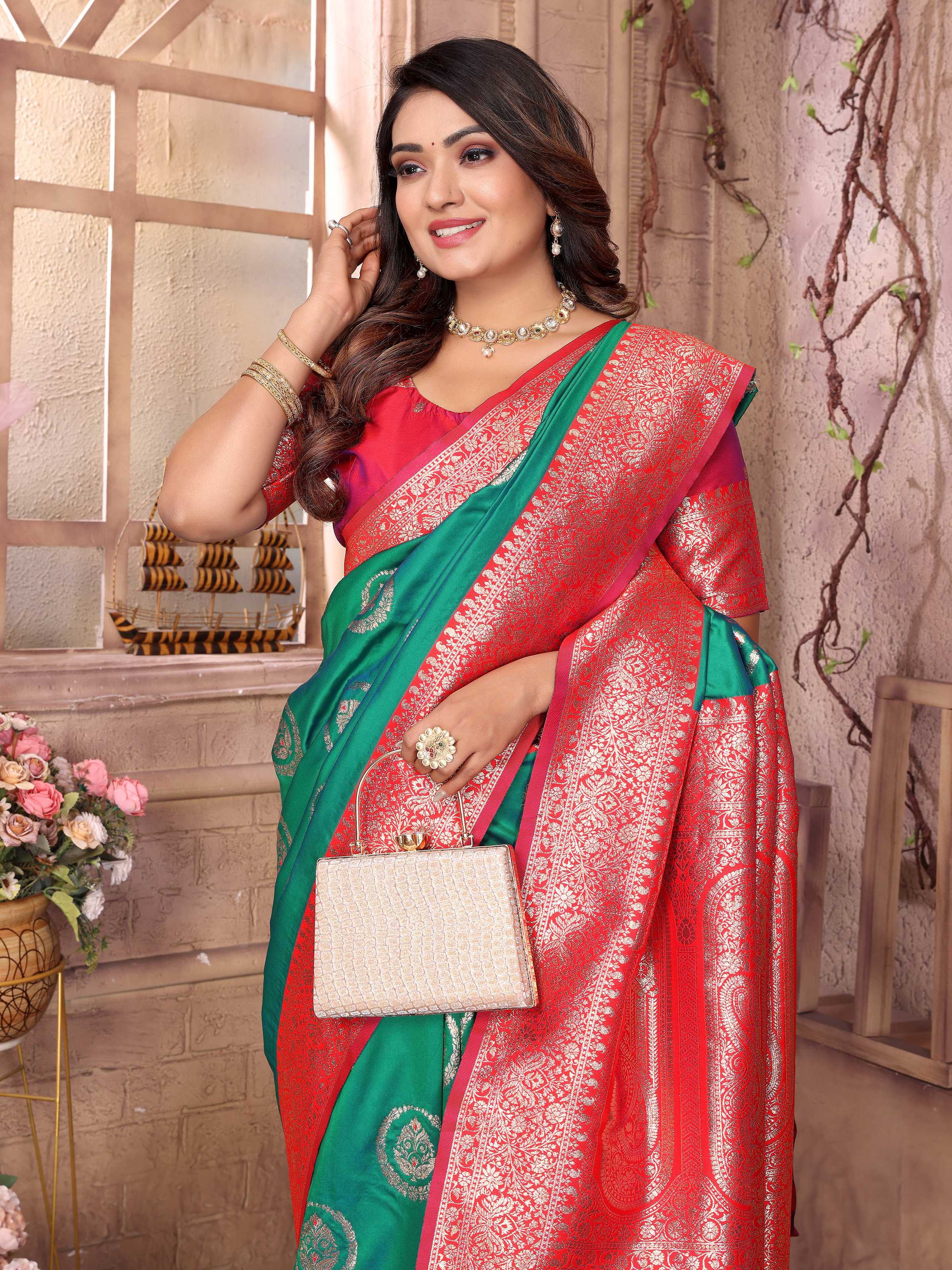 Sonakshi Women's Green Banarasi Silk Zari Weaving Saree with Blouse