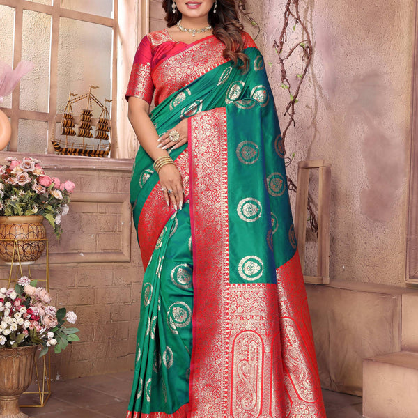 Sonakshi Women's Green Banarasi Silk Zari Weaving Saree with Blouse - Distacart