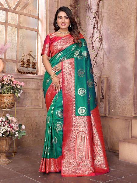 Sonakshi Women's Green Banarasi Silk Zari Weaving Saree with Blouse