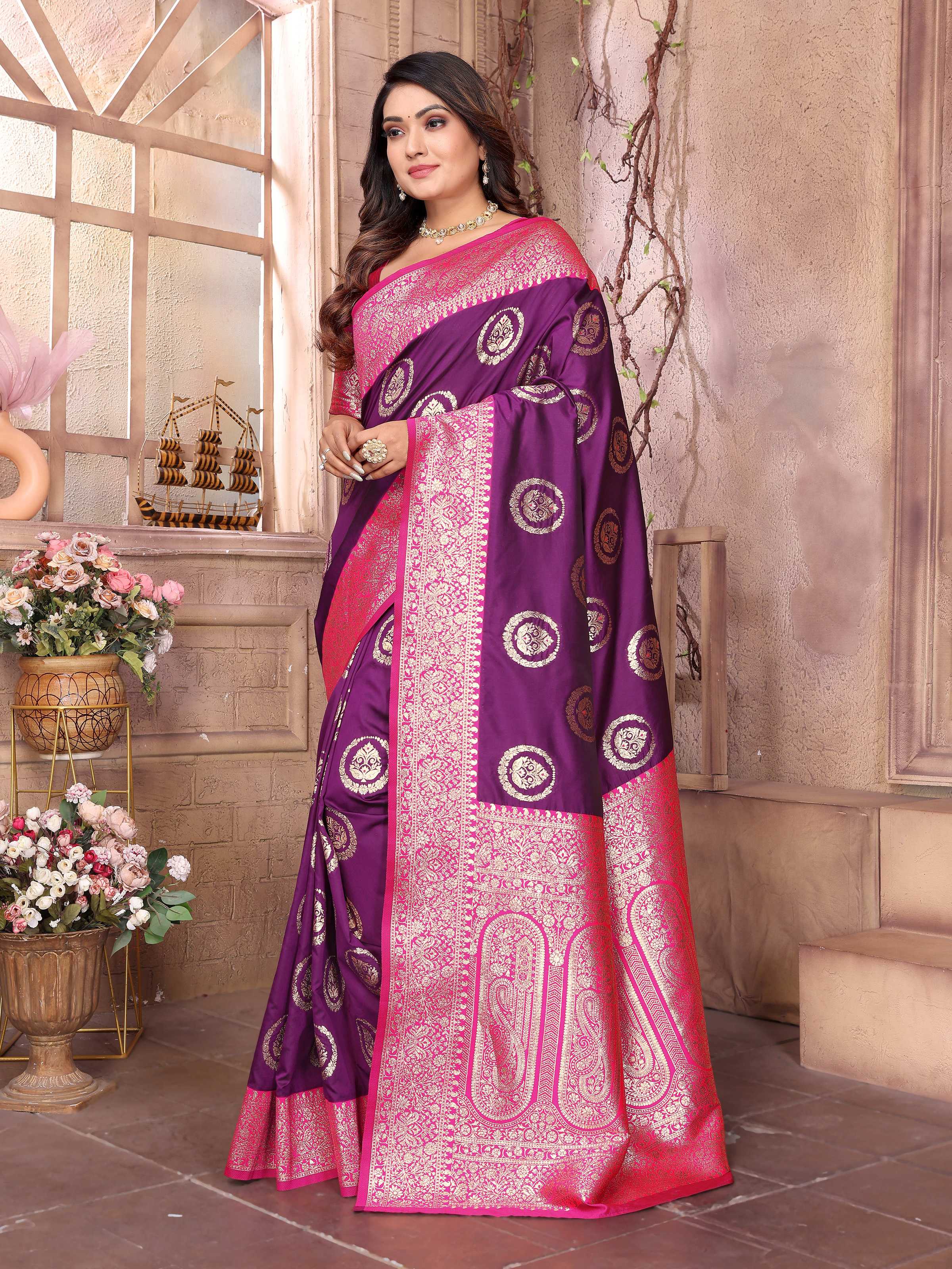 Sonakshi Women's Jamli Banarasi Silk Zari Weaving Saree with Blouse