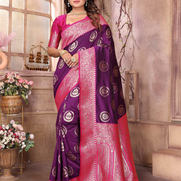 Sonakshi Women's Jamli Banarasi Silk Zari Weaving Saree with Blouse - Distacart