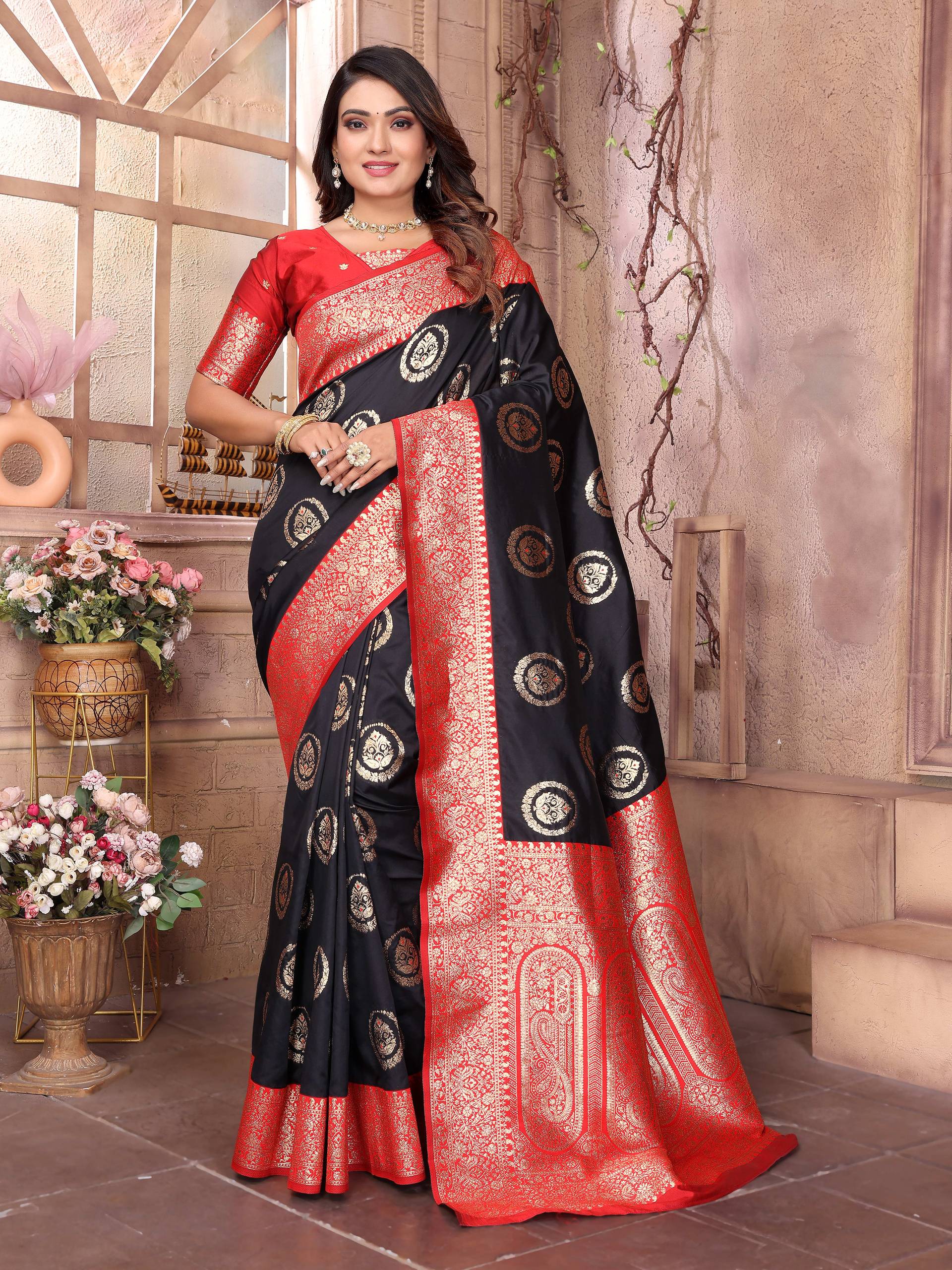Sonakshi Women's Black Banarasi Silk Zari Weaving Saree with Blouse