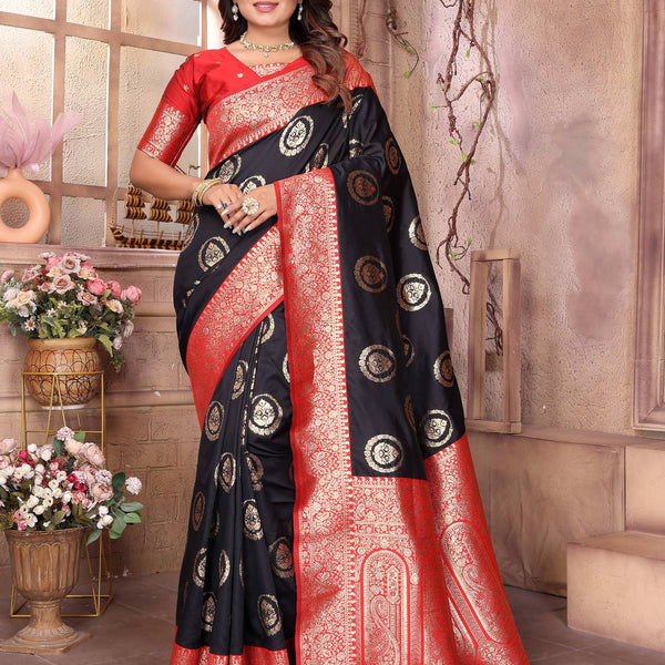 Sonakshi Women's Black Banarasi Silk Zari Weaving Saree with Blouse - Distacart