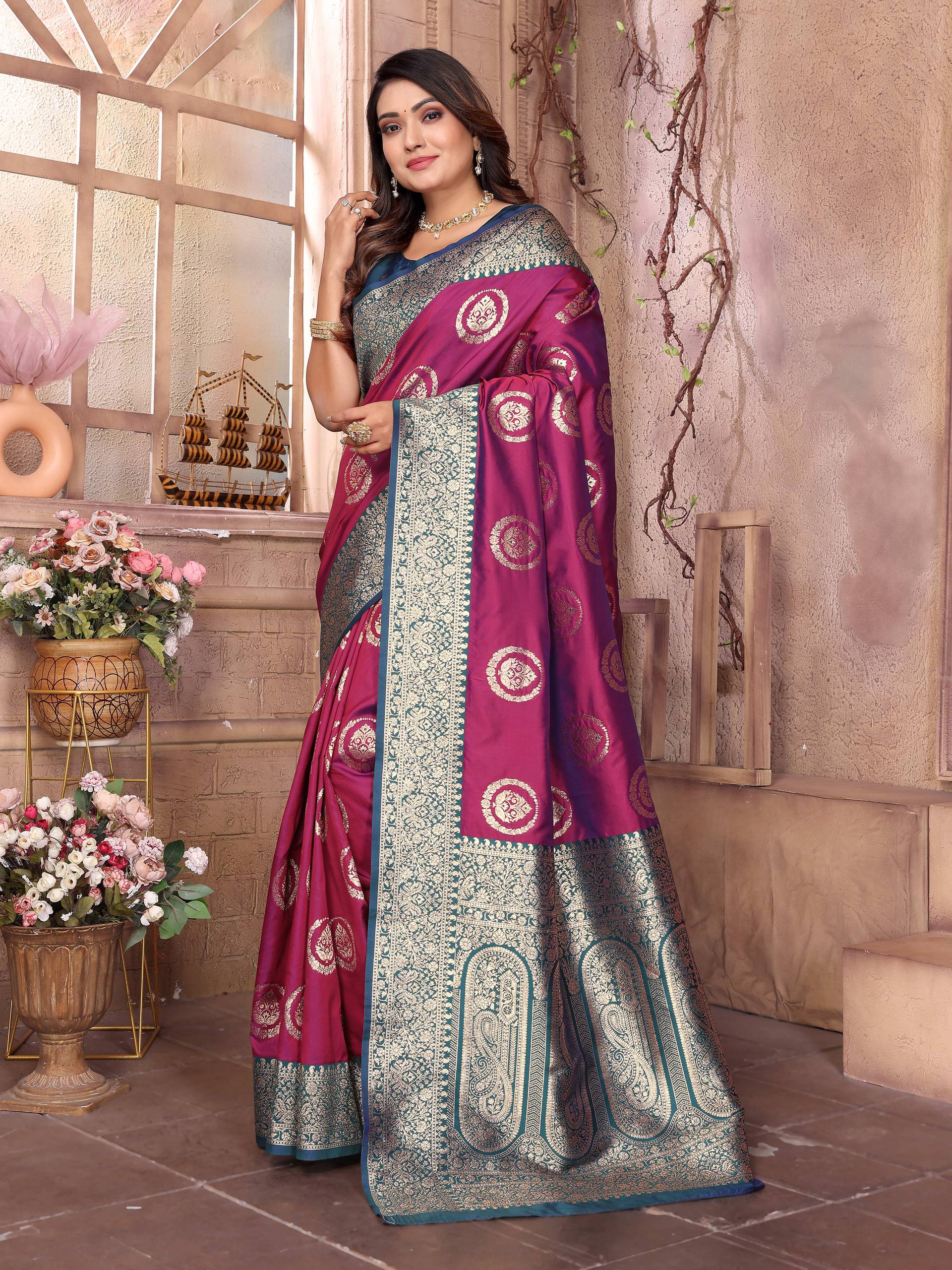 Sonakshi Women's Wine Banarasi Silk Zari Weaving Saree with Blouse