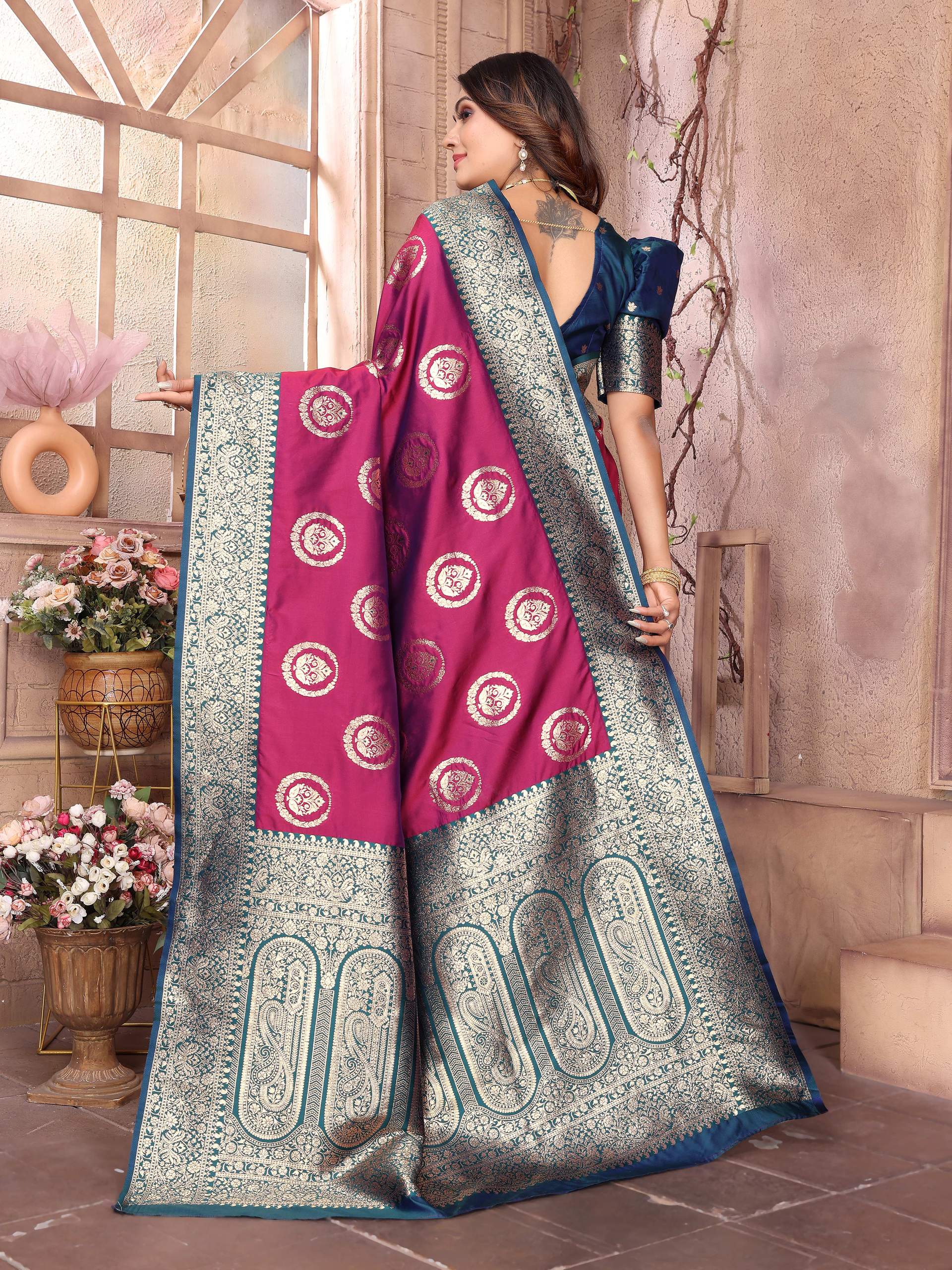 Sonakshi Women's Wine Banarasi Silk Zari Weaving Saree with Blouse