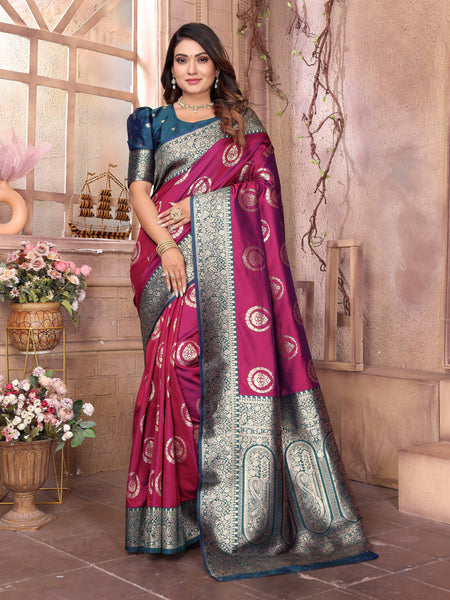 Sonakshi Women's Wine Banarasi Silk Zari Weaving Saree with Blouse