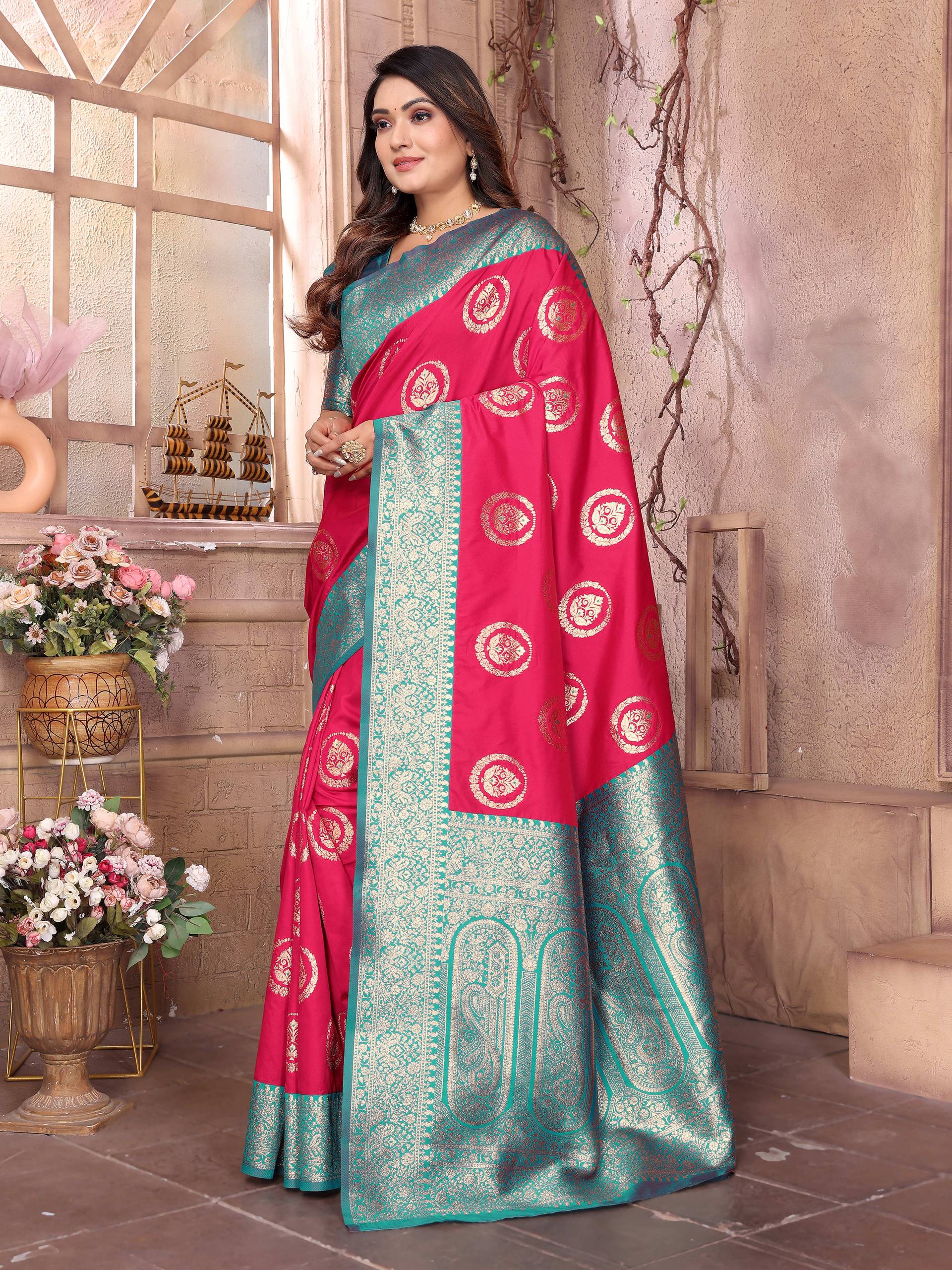 Sonakshi Women's Maharani Banarasi Silk Zari Weaving Saree with Blouse