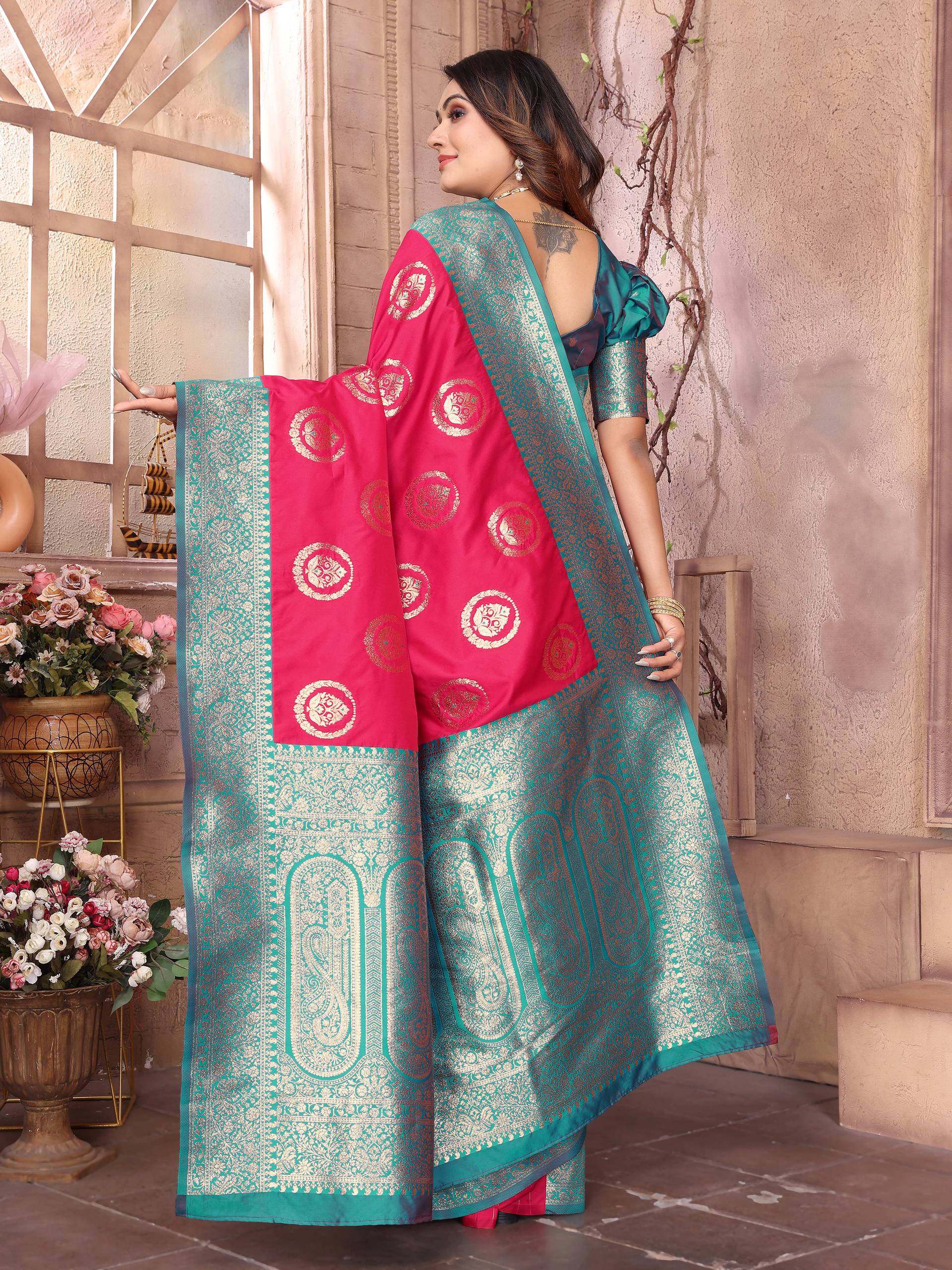 Sonakshi Women's Maharani Banarasi Silk Zari Weaving Saree with Blouse