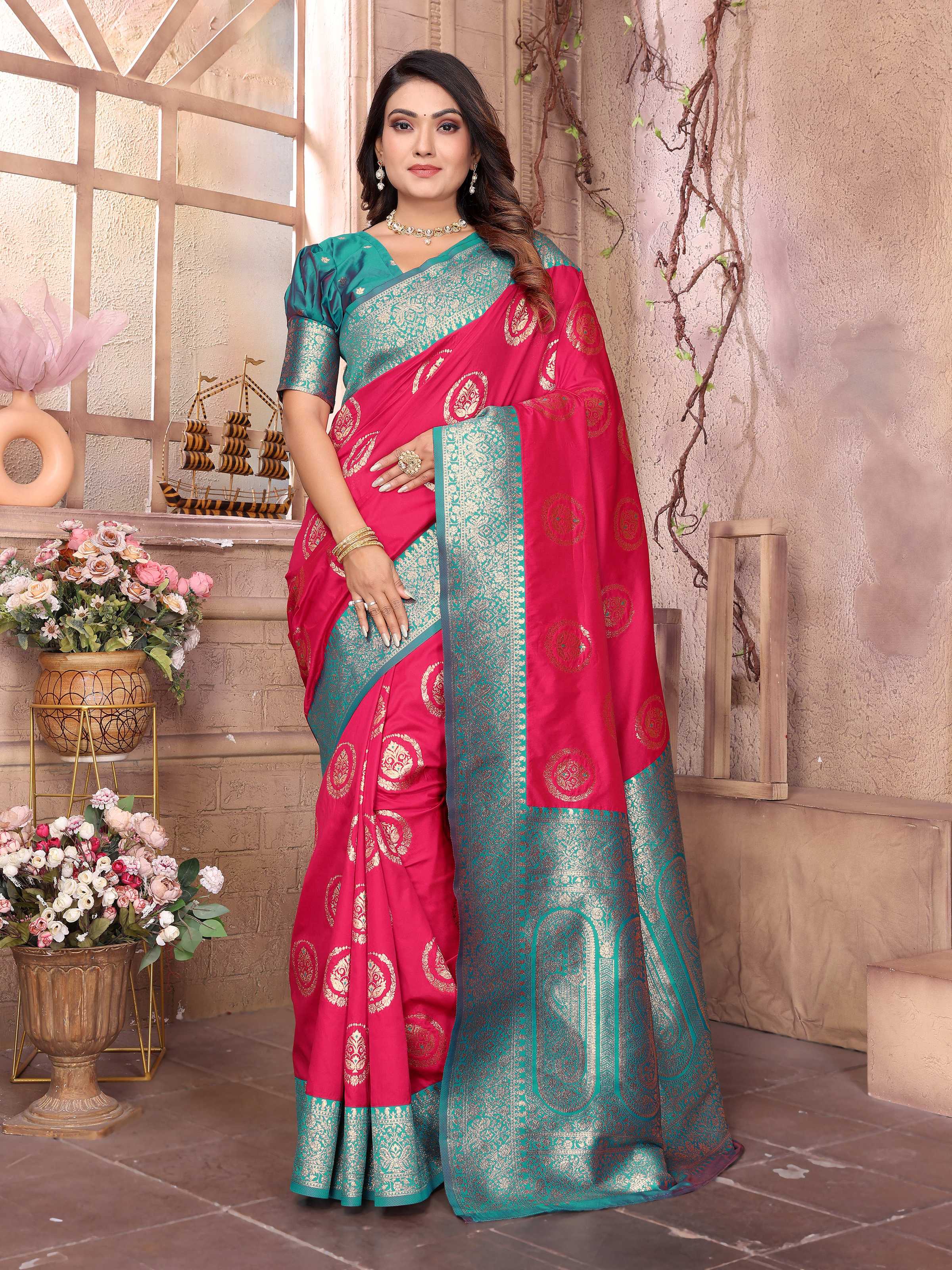 Sonakshi Women's Maharani Banarasi Silk Zari Weaving Saree with Blouse