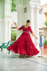 Thumbnail for Sonakshi Women's Maroon Faux Blooming Beads Embroidered Work Anarkali Gown Set