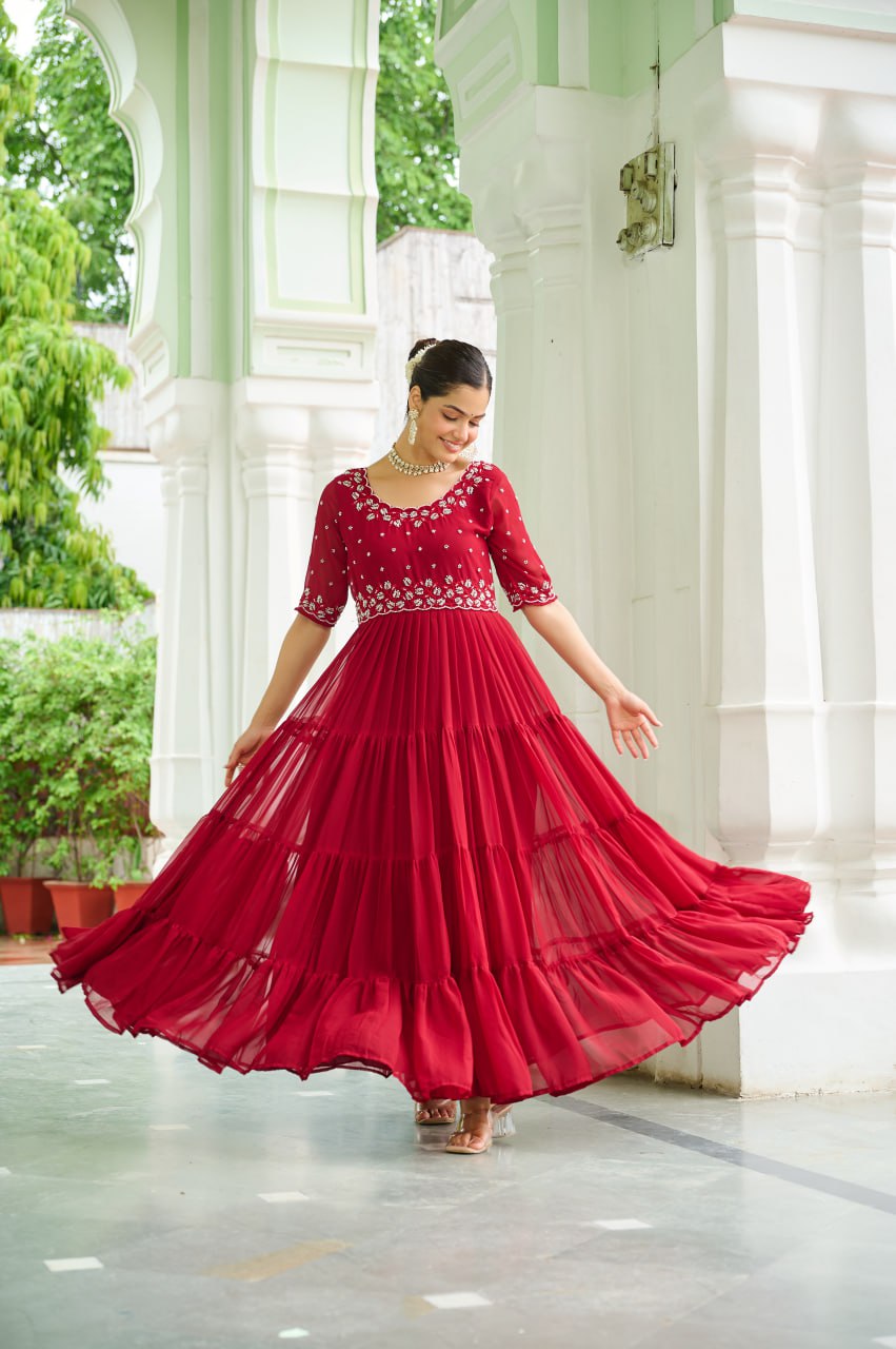Sonakshi Women's Maroon Faux Blooming Beads Embroidered Work Anarkali Gown Set - Distacart