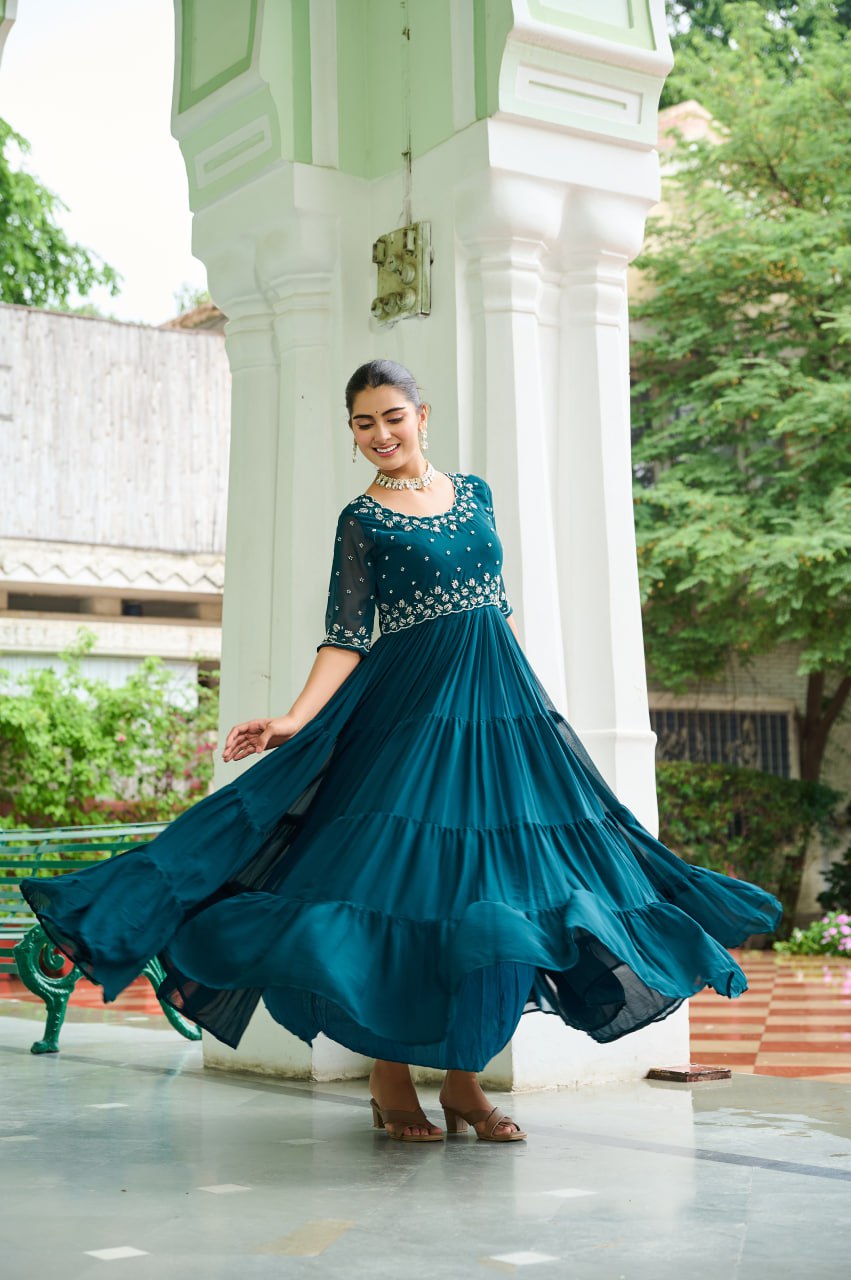 Sonakshi Women's Rama Faux Blooming Beads Embroidered Work Anarkali Gown Set - Distacart