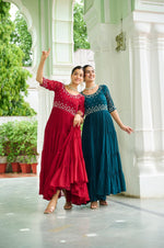 Thumbnail for Sonakshi Women's Rama & Maroon Faux Blooming Beads Embroidered Work Anarkali Gown Set