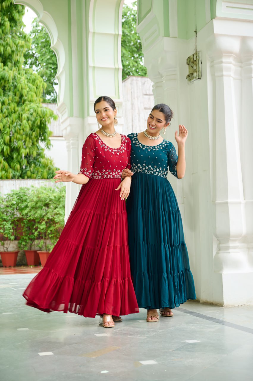 Sonakshi Women's Rama & Maroon Faux Blooming Beads Embroidered Work Anarkali Gown Set