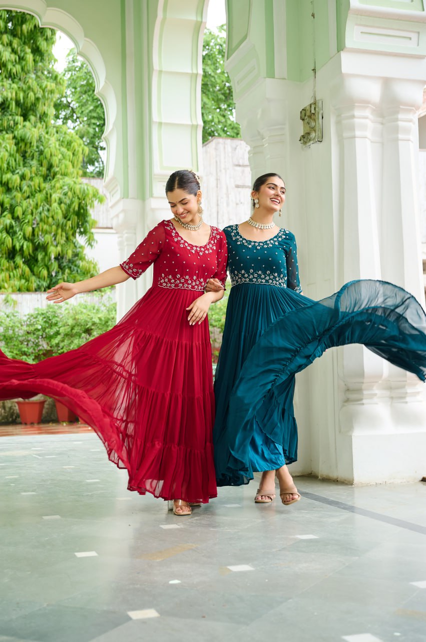 Sonakshi Women's Rama & Maroon Faux Blooming Beads Embroidered Work Anarkali Gown Set