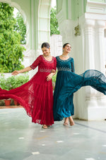 Thumbnail for Sonakshi Women's Rama & Maroon Faux Blooming Beads Embroidered Work Anarkali Gown Set