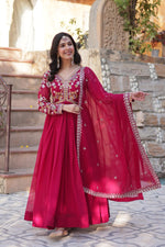 Thumbnail for Sonakshi Women's Maroon Faux Blooming Embroidered Zari Sequence Work Anarkali Gown Set With Dupatta