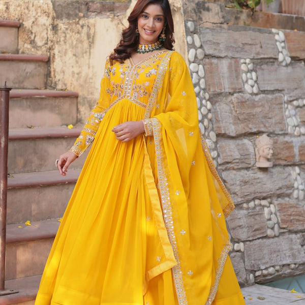 Sonakshi Women's Gold Faux Blooming Embroidered Zari Sequence Work Anarkali Gown Set With Dupatta - Distacart