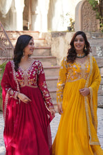 Thumbnail for Sonakshi Women's Maroon & Gold Faux Blooming Embroidered Zari Sequence Work Anarkali Gown Set With Dupatta