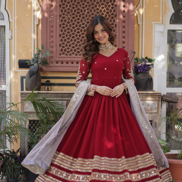 Sonakshi Women's Maroon Faux Blooming Embroidered Zari Sequence Work Anarkali Gown Set With Dupatta