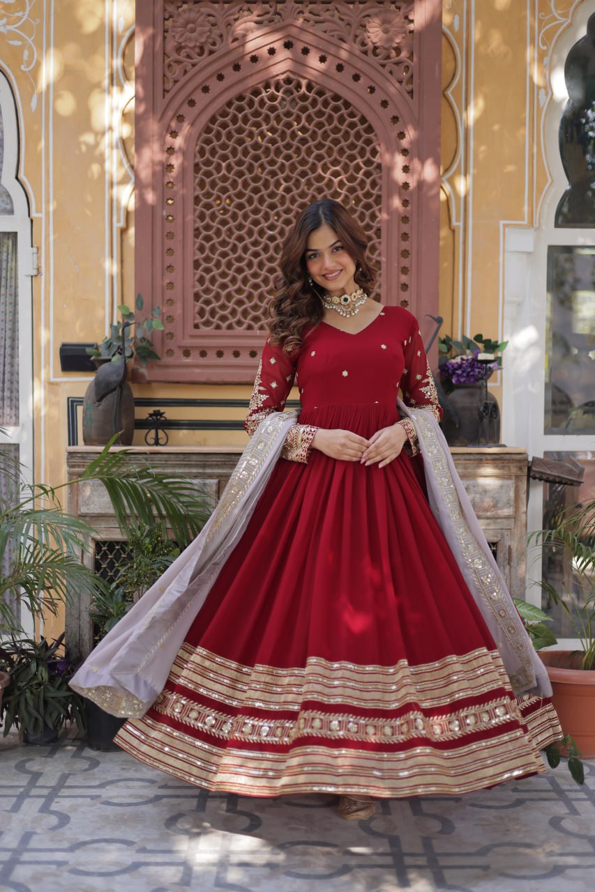 Sonakshi Women's Maroon Faux Blooming Embroidered Zari Sequence Work Anarkali Gown Set With Dupatta - Distacart