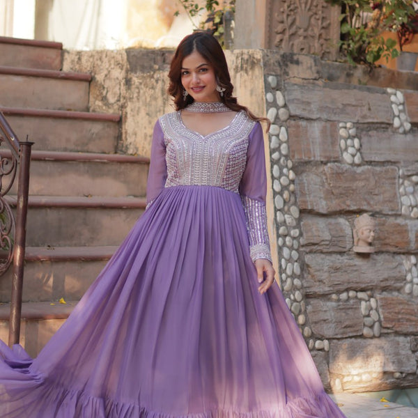 Sonakshi Women's Lavender Star Georgette Embroidered Beads Sequins Work Anarkali Gown Set With Dupatta