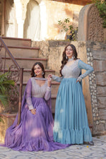 Thumbnail for Sonakshi Women's Lavender & Seagreen Star Georgette Embroidered Beads Sequins Work Anarkali Gown Set With Dupatta