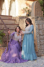 Thumbnail for Sonakshi Women's Lavender & Seagreen Star Georgette Embroidered Beads Sequins Work Anarkali Gown Set With Dupatta