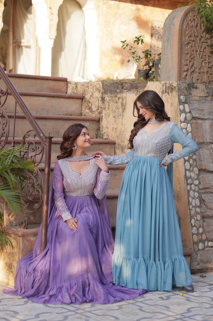 Sonakshi Women's Lavender & Seagreen Star Georgette Embroidered Beads Sequins Work Anarkali Gown Set With Dupatta