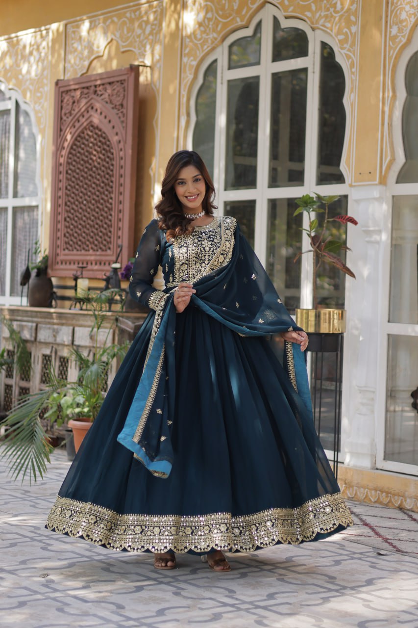 Sonakshi Women's Rama Faux Blooming Embroidered Beads Sequins Work Anarkali Gown Set With Dupatta - Distacart