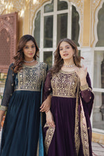 Thumbnail for Sonakshi Women's Rama & Wine Faux Blooming Embroidered Beads Sequins Work Anarkali Gown Set With Dupatta
