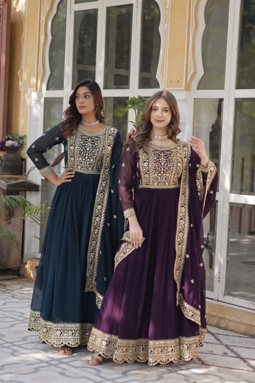Sonakshi Women's Rama & Wine Faux Blooming Embroidered Beads Sequins Work Anarkali Gown Set With Dupatta - Distacart