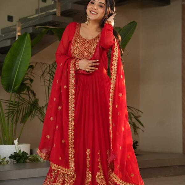 Sonakshi Women's Red Faux Blooming Embroidered Zari Sequence Work Anarkali Gown Set With Dupatta