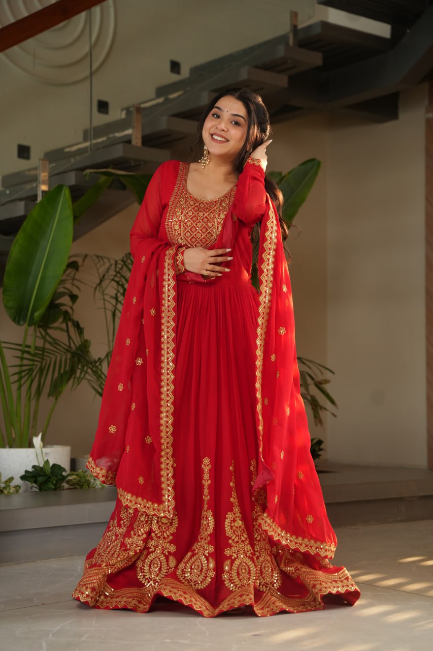 Sonakshi Women's Red Faux Blooming Embroidered Zari Sequence Work Anarkali Gown Set With Dupatta - Distacart