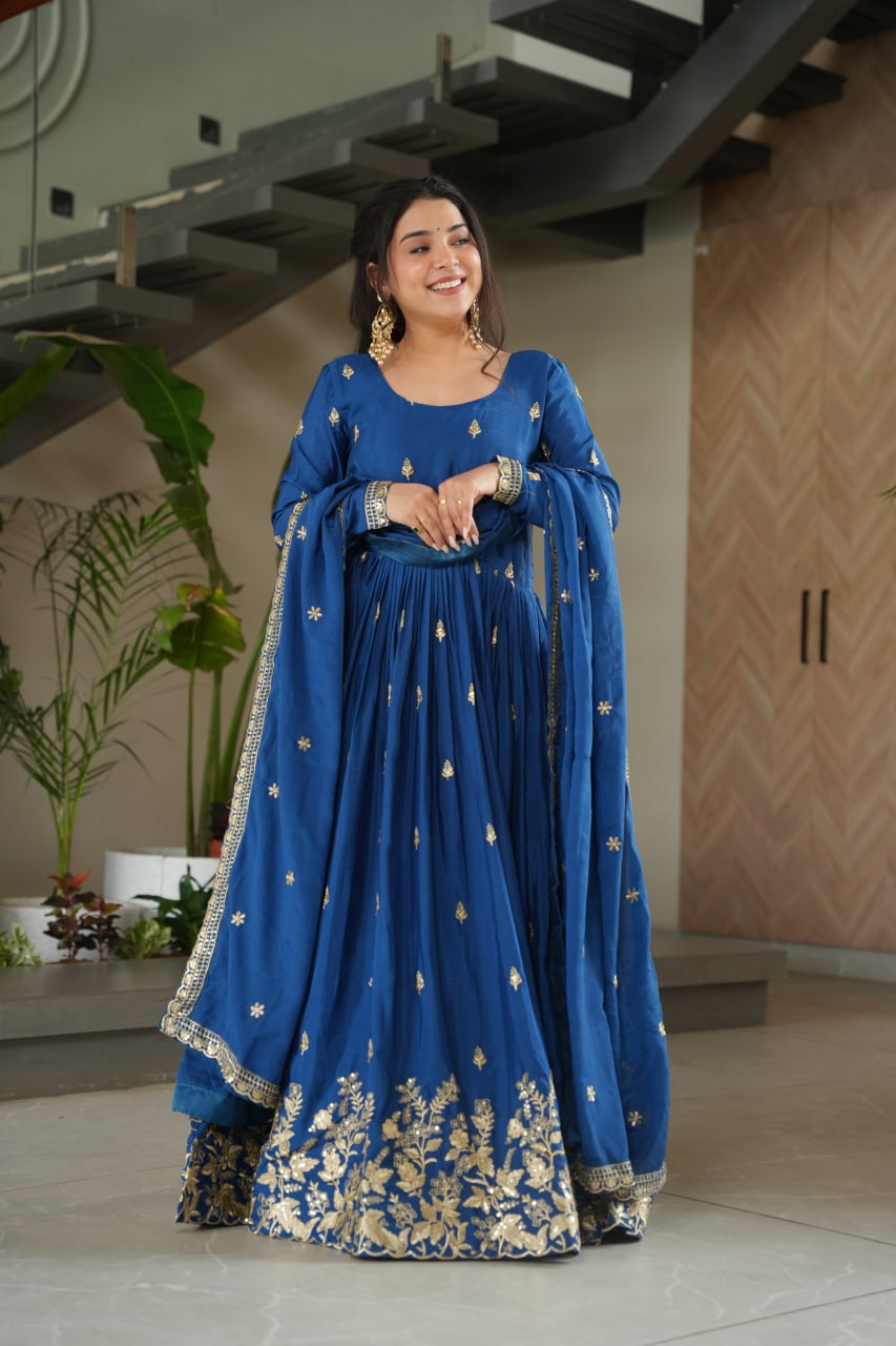 Sonakshi Women's Blue Chinnon Embroidered Zari Sequence Work Anarkali Gown Set With Dupatta
