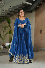Thumbnail for Sonakshi Women's Blue Chinnon Embroidered Zari Sequence Work Anarkali Gown Set With Dupatta