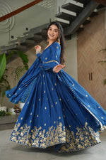 Thumbnail for Sonakshi Women's Blue Chinnon Embroidered Zari Sequence Work Anarkali Gown Set With Dupatta