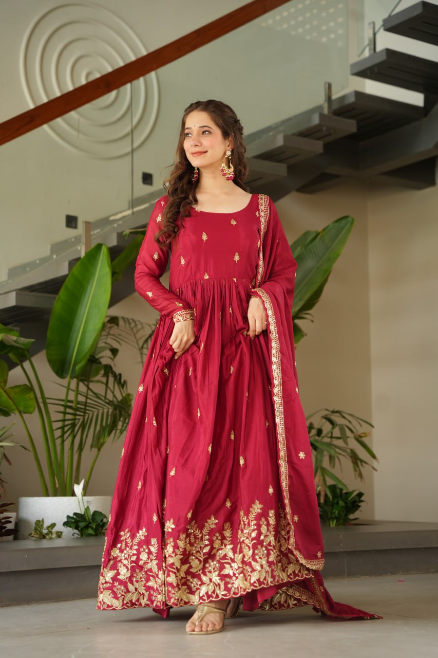 Sonakshi Women's Maroon Chinnon Embroidered Zari Sequence Work Anarkali Gown Set With Dupatta