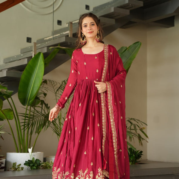 Sonakshi Women's Maroon Chinnon Embroidered Zari Sequence Work Anarkali Gown Set With Dupatta