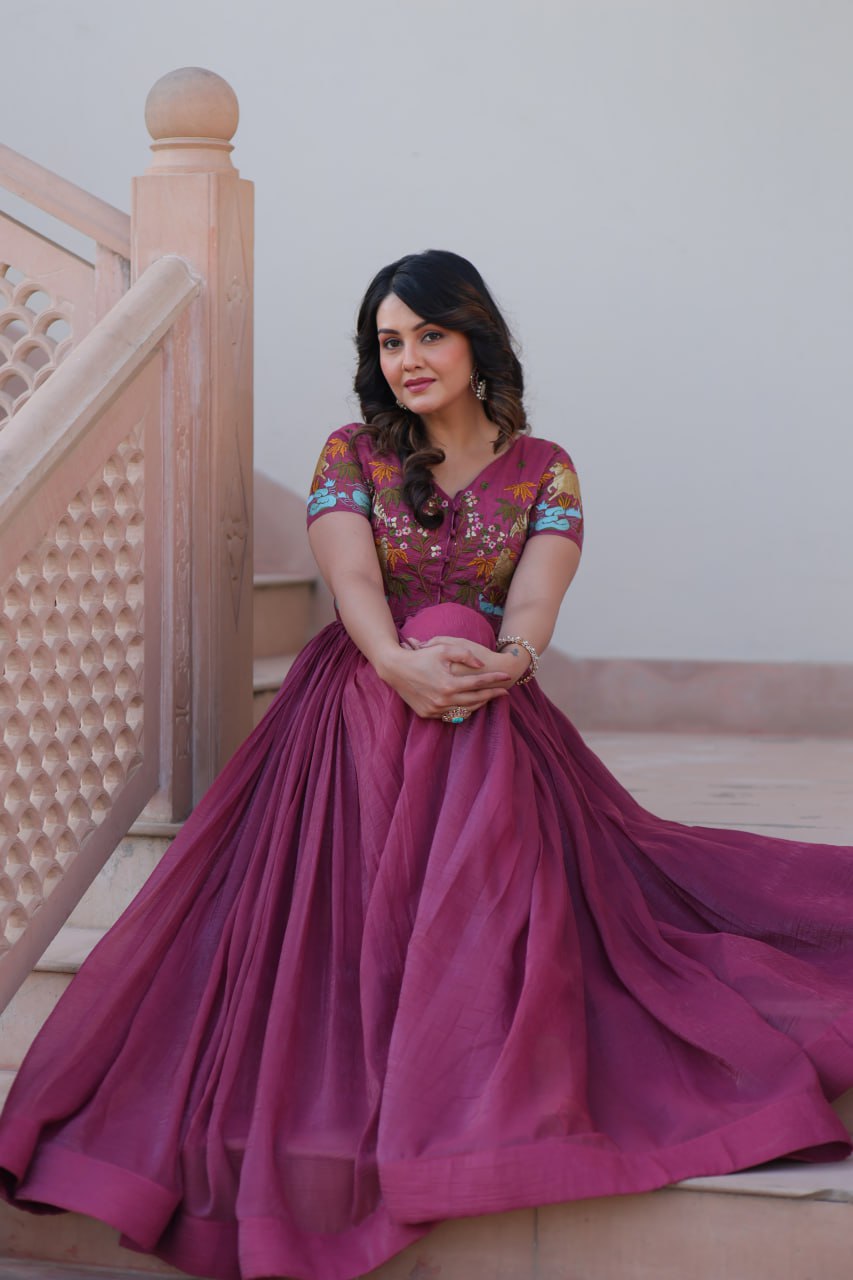 Sonakshi Women's Onion Kora Cotton Multi Thread Embroidered Anarkali Gown Set