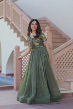 Thumbnail for Sonakshi Women's Seagreen Kora Cotton Multi Thread Embroidered Anarkali Gown Set